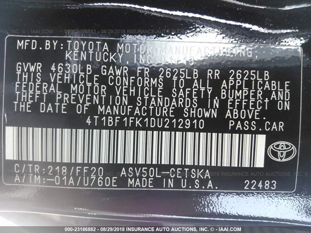 4T1BF1FK1DU212910 - 2013 TOYOTA CAMRY L/SE/LE/XLE Qara foto 9