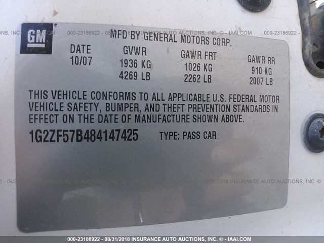 1G2ZF57B484147425 - 2008 PONTIAC G6 VALUE LEADER/BASE WHITE photo 9