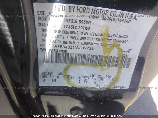 1FAFP34351W332726 - 2001 FORD FOCUS SE/SE SPORT BLUE photo 9