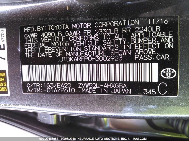 JTDKARFP0H3002923 - 2017 TOYOTA PRIUS PRIME  GRAY photo 9