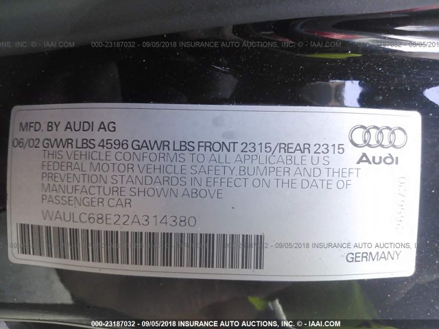 WAULC68E22A314380 - 2002 AUDI A4 1.8T QUATTRO BLACK photo 9