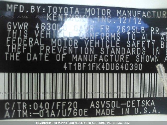 4T1BF1FK4DU640390 - 2013 TOYOTA CAMRY L/SE/LE/XLE თეთრი ფოტო 9