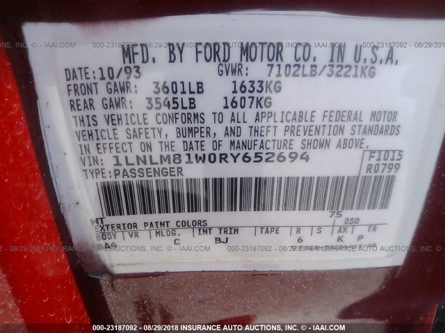 1LNLM81W0RY652694 - 1994 LINCOLN TOWN CAR EXECUTIVE MAROON photo 9