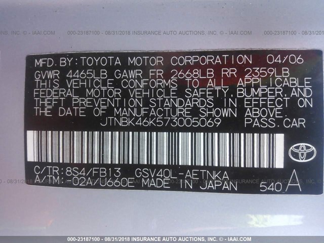 JTNBK46K573005069 - 2007 TOYOTA CAMRY NEW GENERAT LE/XLE/SE SILVER photo 9