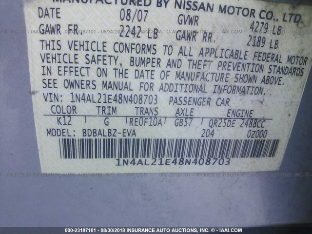 1N4AL21E48N408703 - 2008 NISSAN ALTIMA 2.5/2.5S SILVER photo 9