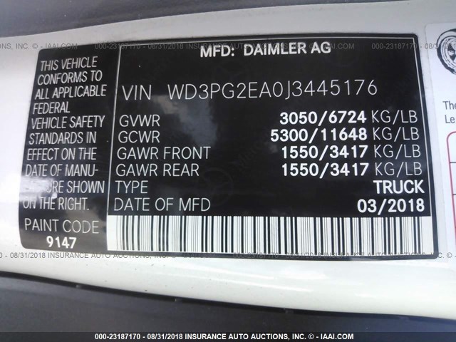 WD3PG2EA0J3445176 - 2018 MERCEDES-BENZ METRIS WHITE photo 9