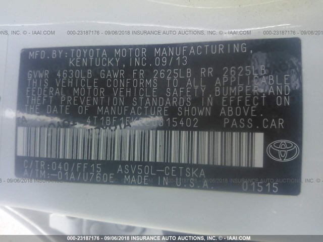 4T1BF1FK2EU315402 - 2014 TOYOTA CAMRY L/SE/LE/XLE 白色 照片 9