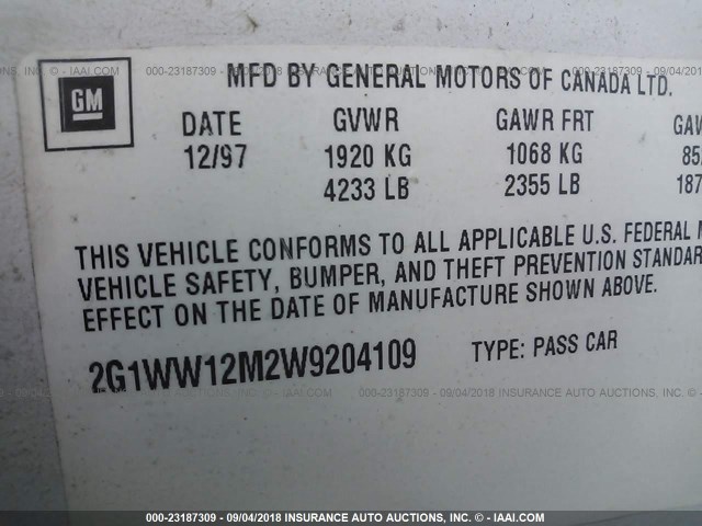 2G1WW12M2W9204109 - 1998 CHEVROLET MONTE CARLO LS WHITE photo 9