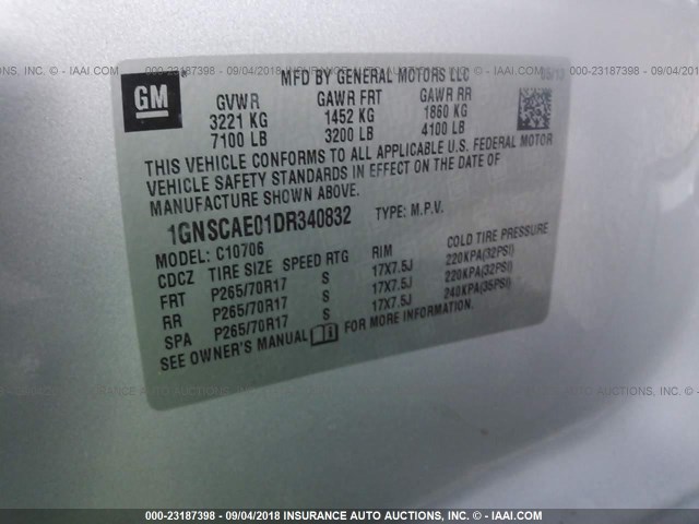 1GNSCAE01DR340832 - 2013 CHEVROLET TAHOE C1500  LS SILVER photo 9