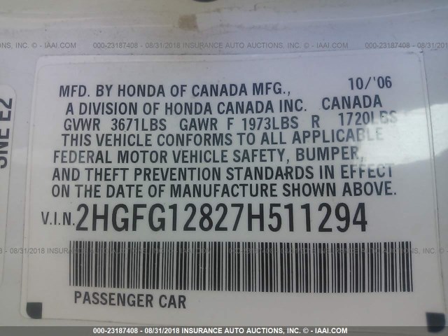 2HGFG12827H511294 - 2007 HONDA CIVIC EX 白色 照片 9