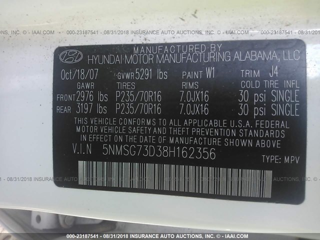 5NMSG73D38H162356 - 2008 HYUNDAI SANTA FE GLS WHITE photo 9