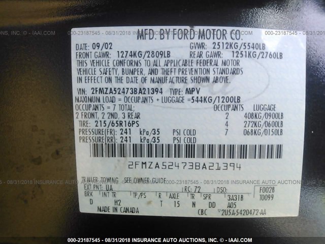 2FMZA52473BA21394 - 2003 FORD WINDSTAR SE BLACK photo 9