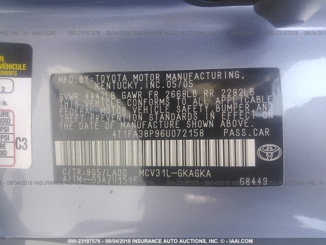 4T1FA38P96U072158 - 2006 TOYOTA CAMRY SOLARA SE/SLE ლურჯი ფოტო 9
