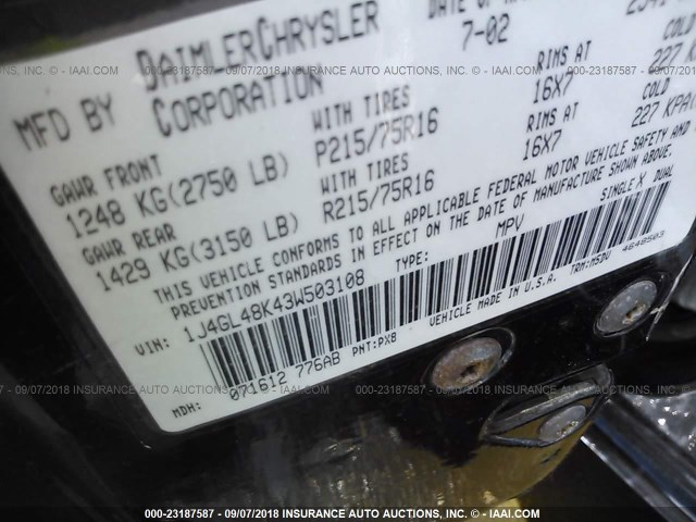 1J4GL48K43W503108 - 2003 JEEP LIBERTY SPORT/FREEDOM შავი ფოტო 9