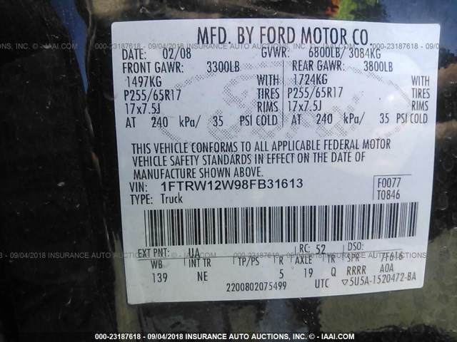 1FTRW12W98FB31613 - 2008 FORD F150 SUPERCREW BLACK photo 9