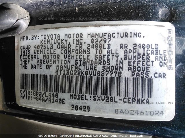 4T1BG22K0VU087778 - 1997 TOYOTA CAMRY CE/LE/XLE 绿色 照片 9