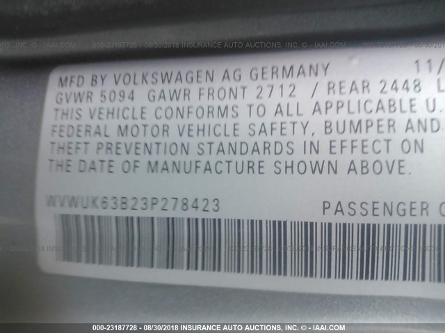 WVWUK63B23P278423 - 2003 VOLKSWAGEN PASSAT W8 4MOTION GRAY photo 9