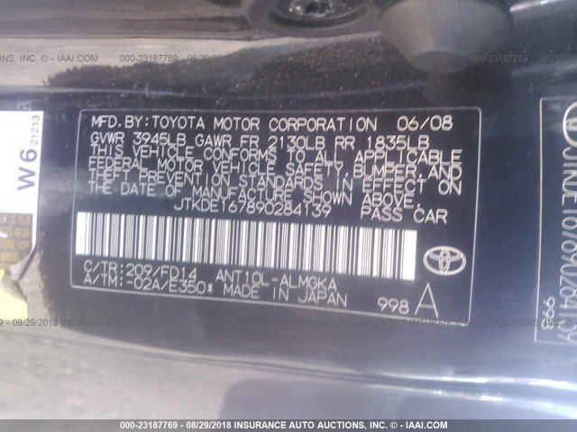 JTKDE167890284139 - 2009 TOYOTA SCION TC BLACK photo 9