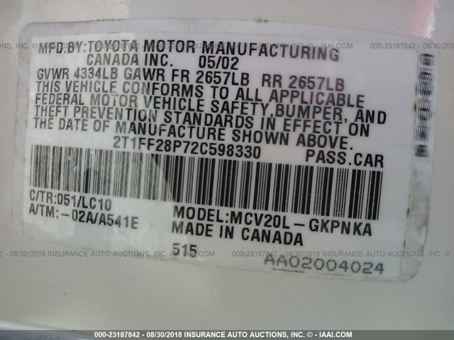 2T1FF28P72C598330 - 2002 TOYOTA CAMRY SOLARA SE/SLE თეთრი ფოტო 9