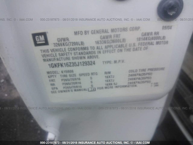 1GKFK16Z35J129324 - 2005 GMC YUKON XL K1500 WHITE photo 9