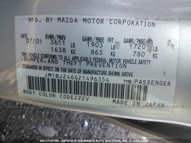 JM1BJ246621496354 - 2002 MAZDA PROTEGE PR5 SILVER photo 9