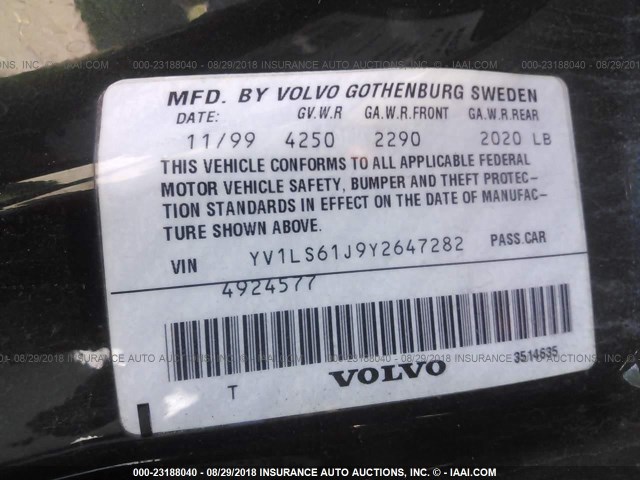 YV1LS61J9Y2647282 - 2000 VOLVO S70 SE BLACK photo 9