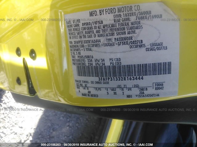3FAFP31332R163444 - 2002 FORD FOCUS ZX3 YELLOW photo 9