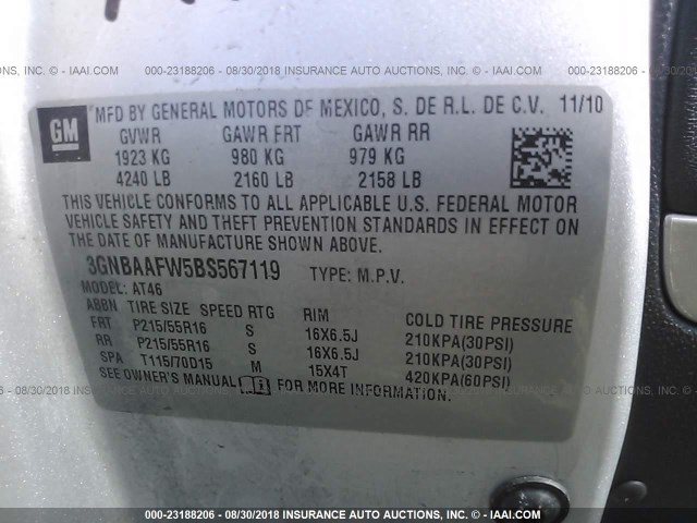 3GNBAAFW5BS567119 - 2011 CHEVROLET HHR LS Plata foto 9