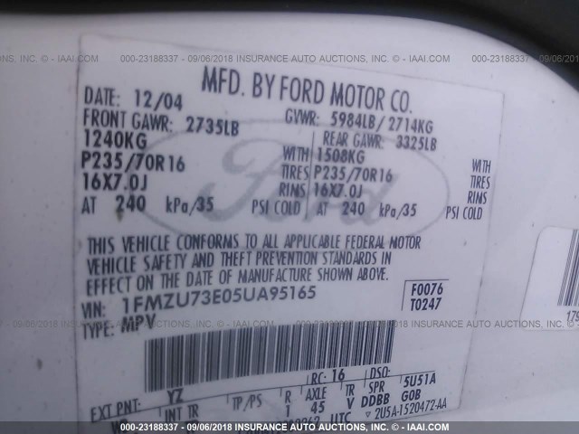 1FMZU73E05UA95165 - 2005 FORD EXPLORER XLT/XLT SPORT/NBX WHITE photo 9