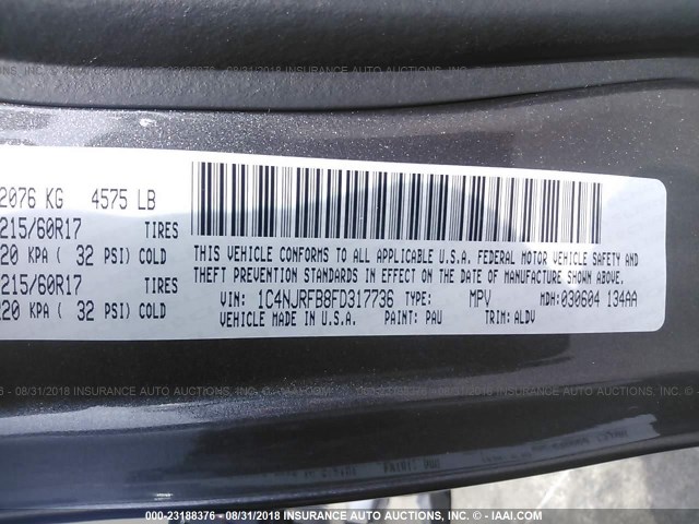 1C4NJRFB8FD317736 - 2015 JEEP PATRIOT LATITUDE GRAY photo 9