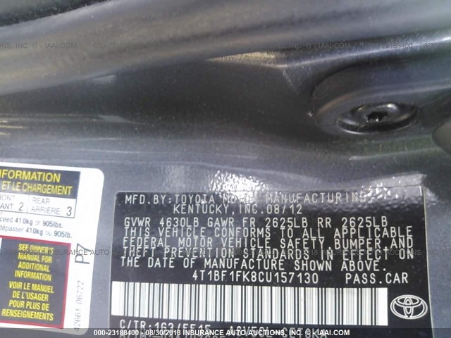 4T1BF1FK8CU157130 - 2012 TOYOTA CAMRY SE/LE/XLE 灰色 照片 9