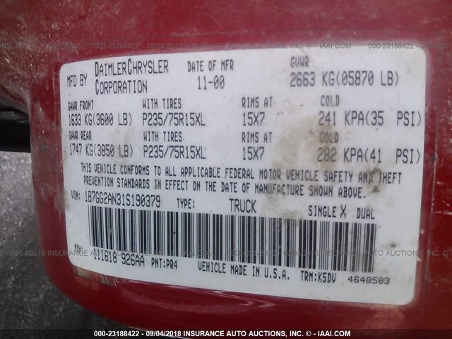 1B7GG2AN31S190379 - 2001 DODGE DAKOTA QUAD RED photo 9