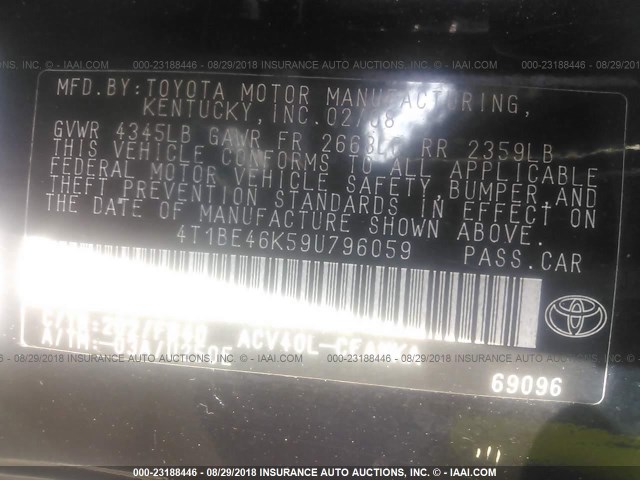 4T1BE46K59U796059 - 2009 TOYOTA CAMRY SE/LE/XLE 黑色 照片 9