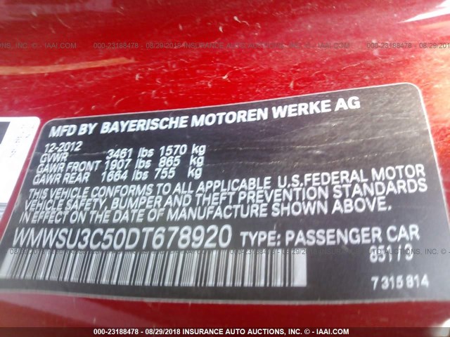 WMWSU3C50DT678920 - 2013 MINI COOPER წითელი ფოტო 9