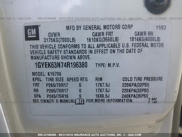 1GYEK63N74R196380 - 2004 CADILLAC ESCALADE LUXURY თეთრი ფოტო 9