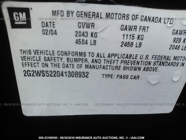 2G2WS522041308932 - 2004 PONTIAC GRAND PRIX GT2 შავი ფოტო 9