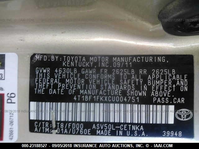 4T1BF1FKXCU004751 - 2012 TOYOTA CAMRY SE/LE/XLE თაფლისფერი ფოტო 9