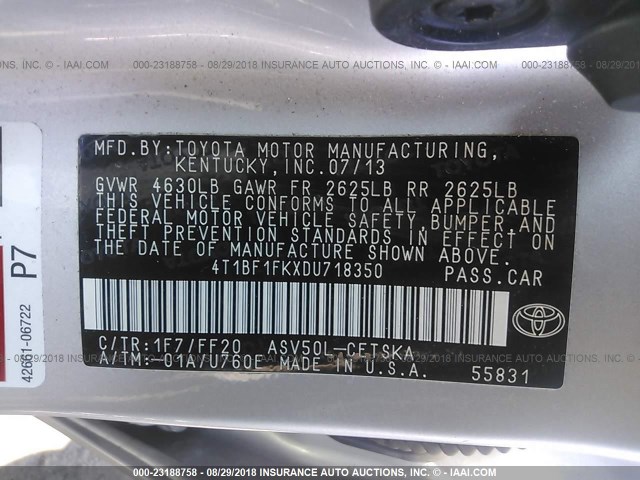 4T1BF1FKXDU718350 - 2013 TOYOTA CAMRY L/SE/LE/XLE SILVER photo 9