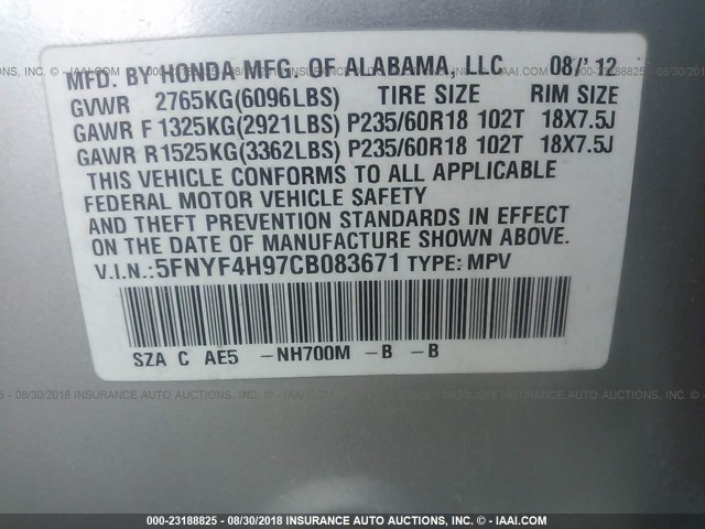 5FNYF4H97CB083671 - 2012 HONDA PILOT TOURING SILVER photo 9