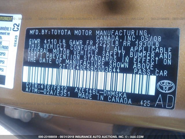 2T1GE40E59C003644 - 2009 TOYOTA COROLLA MATRIX XRS ORANGE photo 9