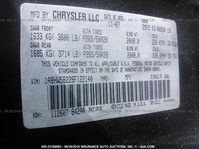 1A8HW58228F122140 - 2008 CHRYSLER ASPEN LIMITED BLACK photo 9