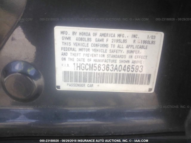 1HGCM56363A046593 - 2003 HONDA ACCORD LX BLACK photo 9