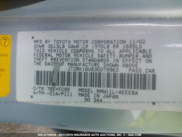 JT2BK18U630079963 - 2003 TOYOTA PRIUS Light Blue photo 9