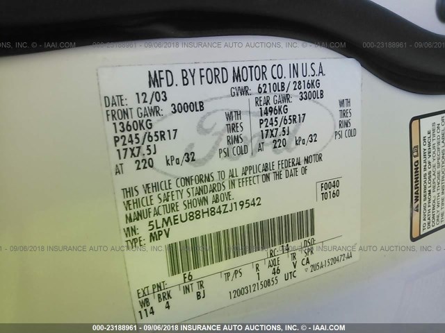 5LMEU88H84ZJ19542 - 2004 LINCOLN AVIATOR 米色 照片 9