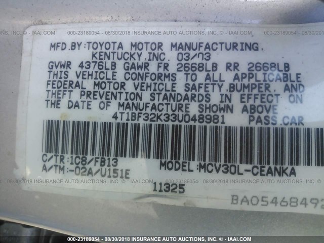 4T1BF32K33U048981 - 2003 TOYOTA CAMRY LE/XLE/SE Gümüş foto 9