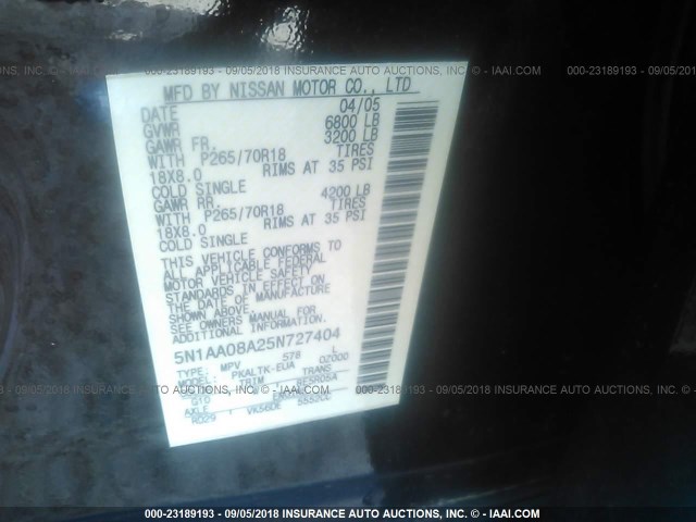 5N1AA08A25N727404 - 2005 NISSAN ARMADA SE/LE BLACK photo 9