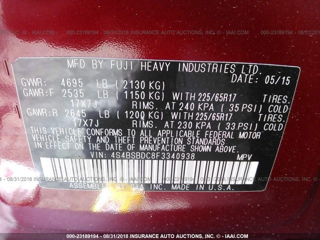 4S4BSBDC8F3340938 - 2015 SUBARU OUTBACK 2.5I PREMIUM RED photo 9