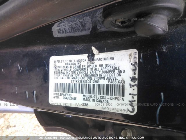 2T1KY38E83C017559 - 2003 TOYOTA COROLLA MATRIX XRS BLUE photo 9