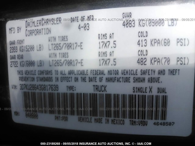 3D7KU28643G817639 - 2003 DODGE RAM 2500 ST/SLT BLACK photo 9