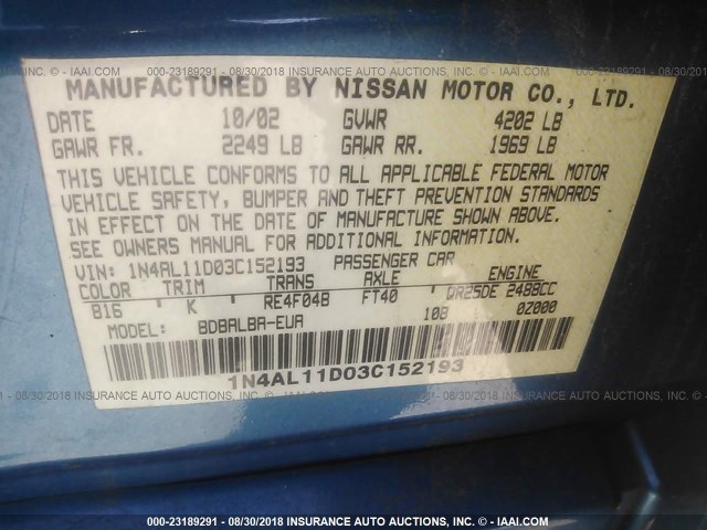 1N4AL11D03C152193 - 2003 NISSAN ALTIMA S/SL BLUE photo 9